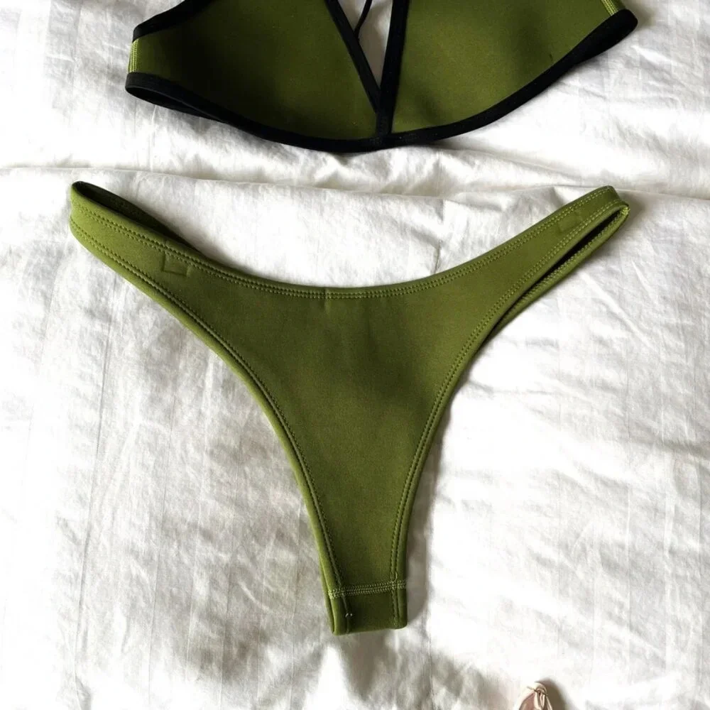Hoaka Triangl Bikini Swimsuit SET Cheeky High Cut Bottoms Olive Green Size Large
